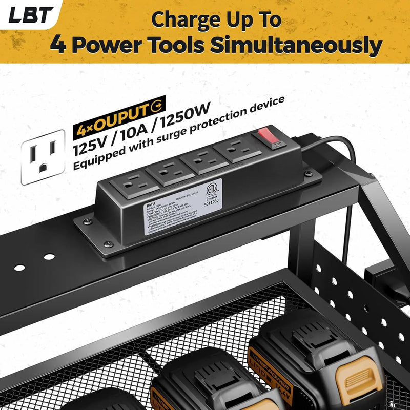 LBT Heavy Duty Metal Power Tool Organizer Wall Mount with 4 Outlet Charging Station & Drill Holder, 4 Layer Garage Storage Rack 120LB, Gift for Men Dad Husband (Workshop, Anniversary, Father's Day) by GreenHaven Gardens