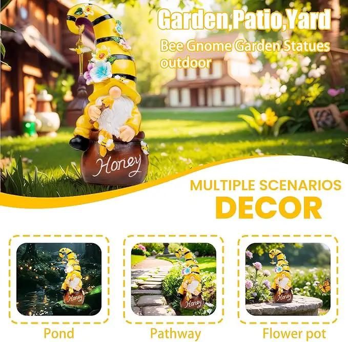 13" Garden Solar Spring Gnomes Statues Outdoor Spring Decor with LED Lighted Bee and Flowers Funny Garden Sculpture for Patio Yard Lawn Decorations Gifts by GreenHaven Gardens