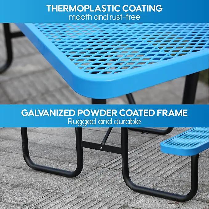 6FT Metal Picnic Tables for Outdoors, Commercial Rectangular Picnic Table and Bench Set for Outside, Patio, Garden, Backyard, Porch, Surface Mount, Blue by GreenHaven Gardens