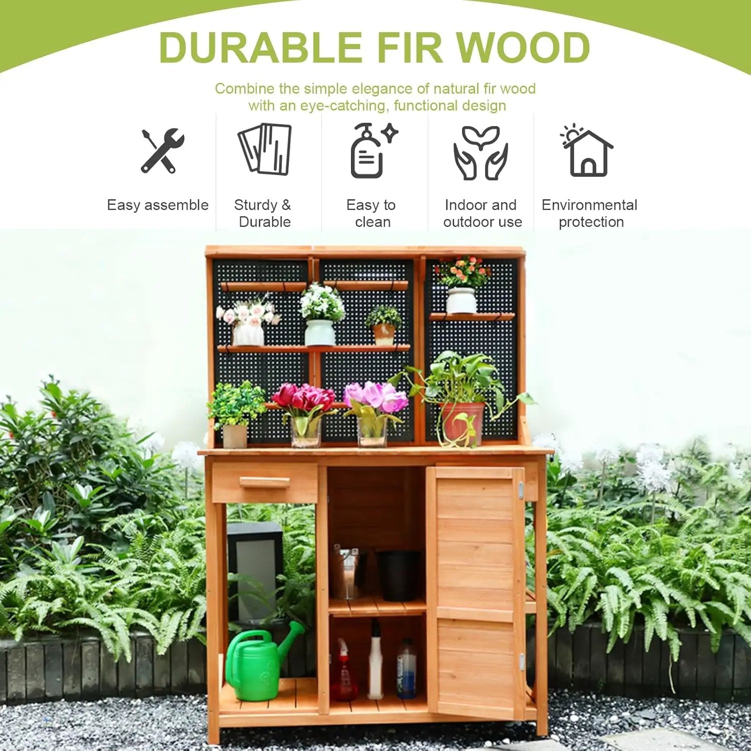 Outdoor Garden Potting Bench, Horticultural Wooden Workstation Table with Storage Drawer, Cabinet, Metal Pegboard, Adjustable Hooks and Shelves for Backyard, Patio, Greenhouse by GreenHaven Gardens