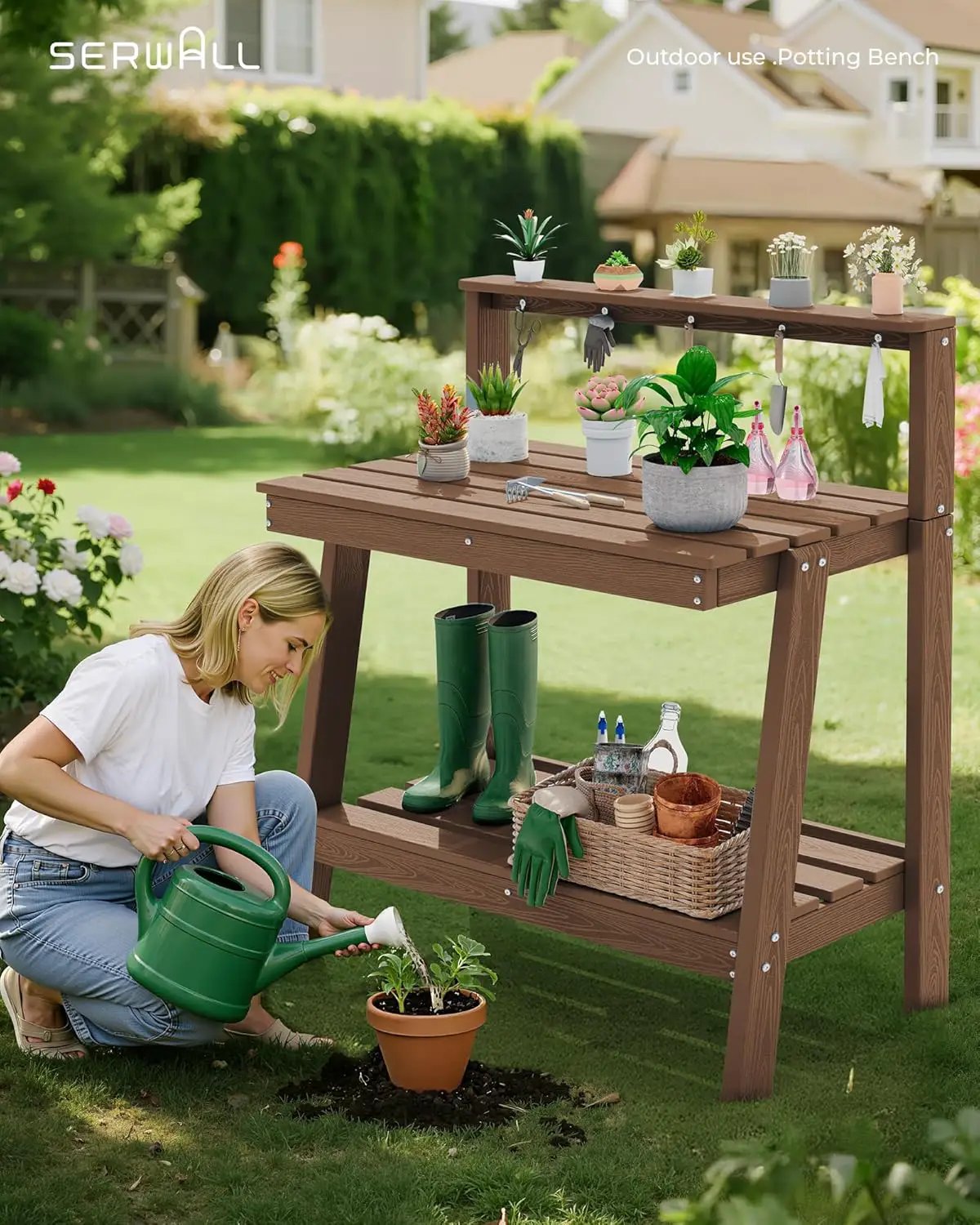 SERWALL Potting Bench Outdoor with Storage Set of 2, 3-Tier HDPE Gardening Table with Angled Legs & Tool Hooks, All-Weather Heavy Duty Potting Table for Patio, Backyard, Garden, Brown by GreenHaven Gardens