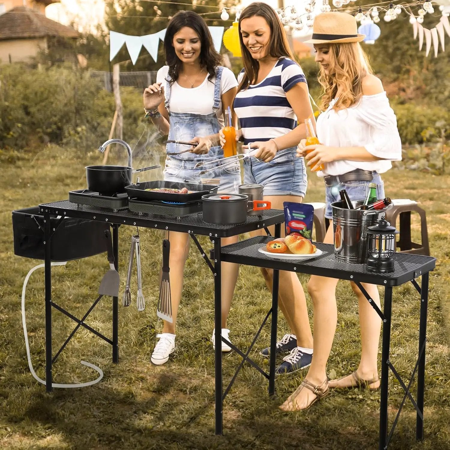RedSwing Folding Grill Table with Sink and Double Shelf, Multifunctional Portable Grill Stand Table for Outdoor Camping Picnic BBQ, 69 x20 x31.5 Inches, Black by GreenHaven Gardens