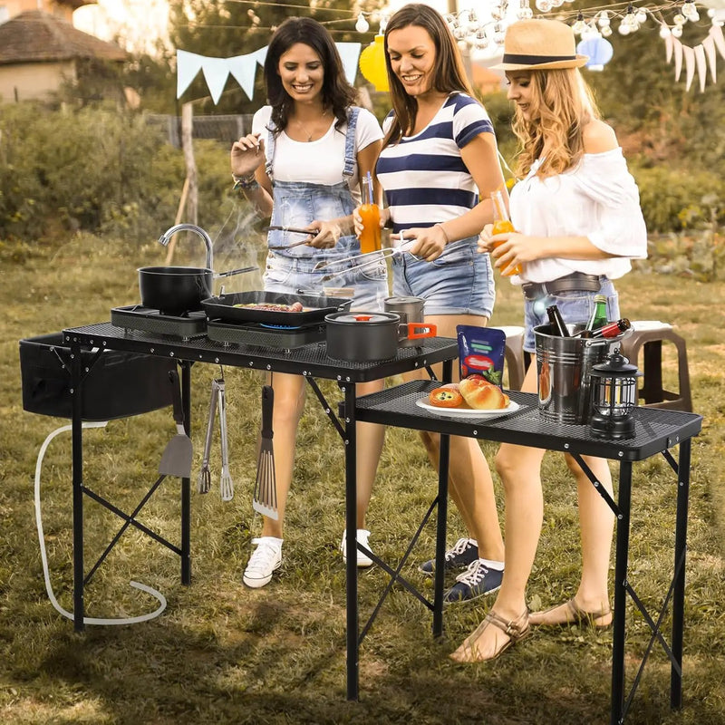 RedSwing Folding Grill Table with Sink and Double Shelf, Multifunctional Portable Grill Stand Table for Outdoor Camping Picnic BBQ, 69 x20 x31.5 Inches, Black by GreenHaven Gardens