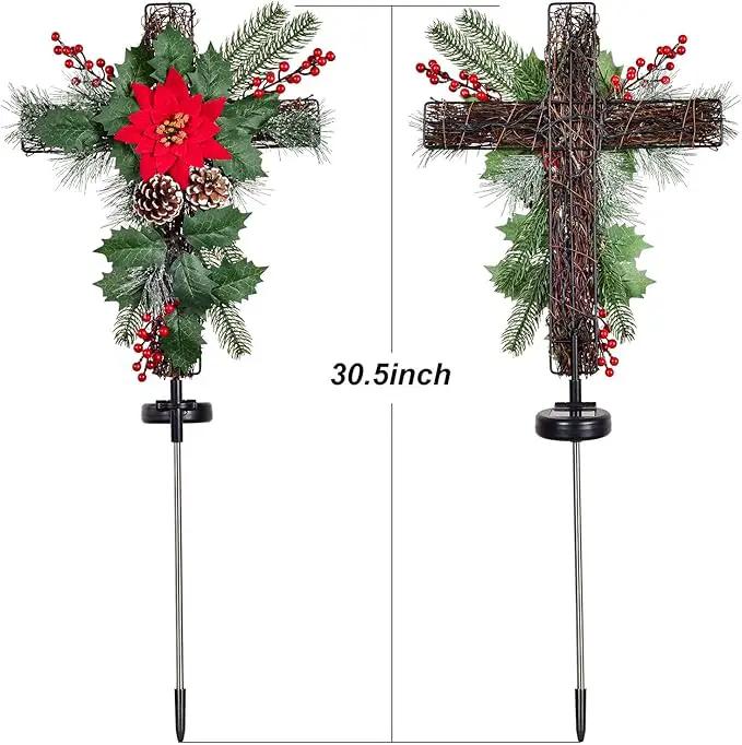 2 Pack Outdoor Solar Lights Christmas Decorations, Cross Stake Lights with Faux Poinsettia Pine Cones Red Berries and Foliage for Garden Patio Grave by GreenHaven Gardens