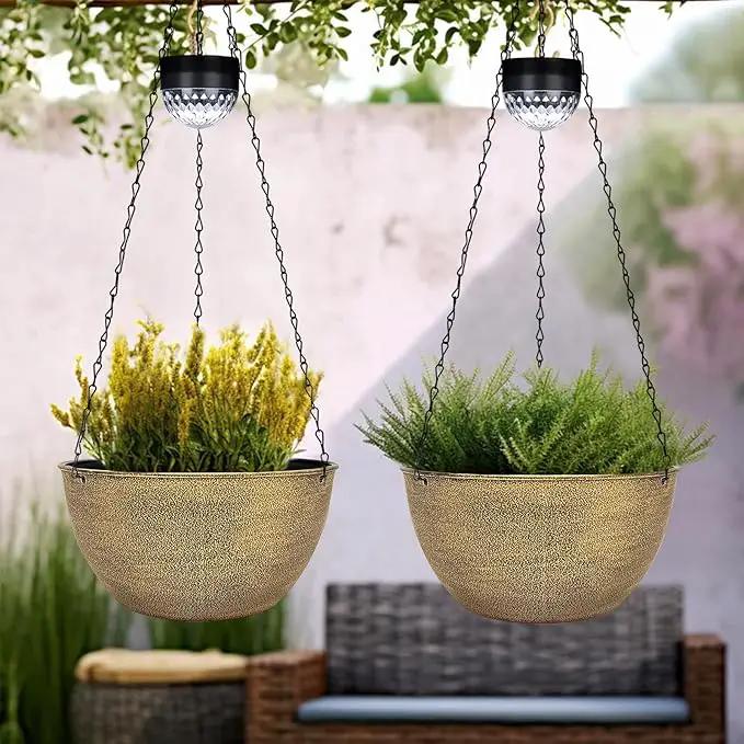 2 Packs Hanging Planters Basket for Outdoor Plants, Solar Powered Self Watering Copper Round Plastic Flower Pots with Drainer for Balcony Patio Garden Outdoor Decoration by GreenHaven Gardens