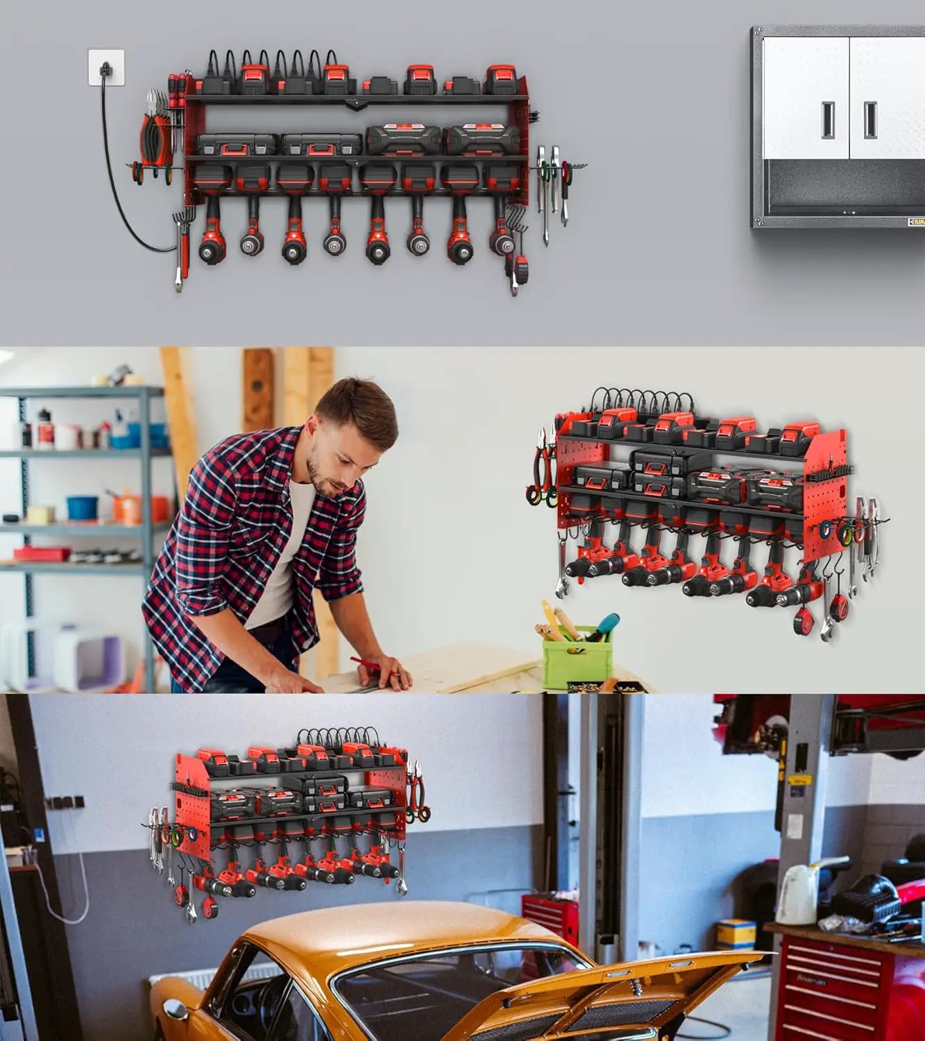 JUNNUJ Large Pegboard Power Tool Organizer with Charging Station, 8 Drills Driver and Tools Battery Holder Wall Mount with 8 Outlet Power Strip, Red 3-Layer Shop Garage Storage Utility Rack by GreenHaven Gardens