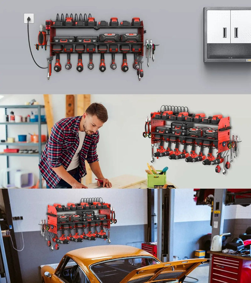 JUNNUJ Large Pegboard Power Tool Organizer with Charging Station, 8 Drills Driver and Tools Battery Holder Wall Mount with 8 Outlet Power Strip, Red 3-Layer Shop Garage Storage Utility Rack by GreenHaven Gardens