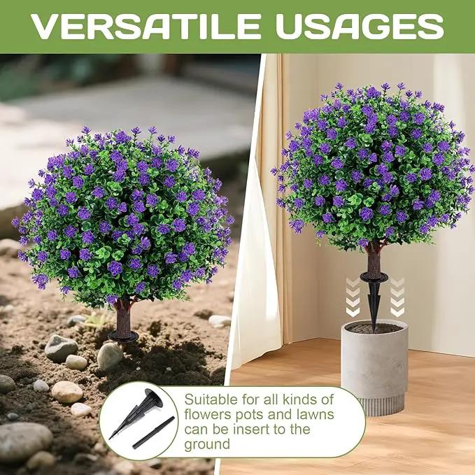 Artificial Purple flower Topiary Ball Tree 25" with Ground Spike, Set of 2 Artificial Boxwood Bushes for Faux Shrubs, Fake Evergreen Faux Plant for Indoor Outdoor Garden -UV Resistant–Fade-Proof by GreenHaven Gardens