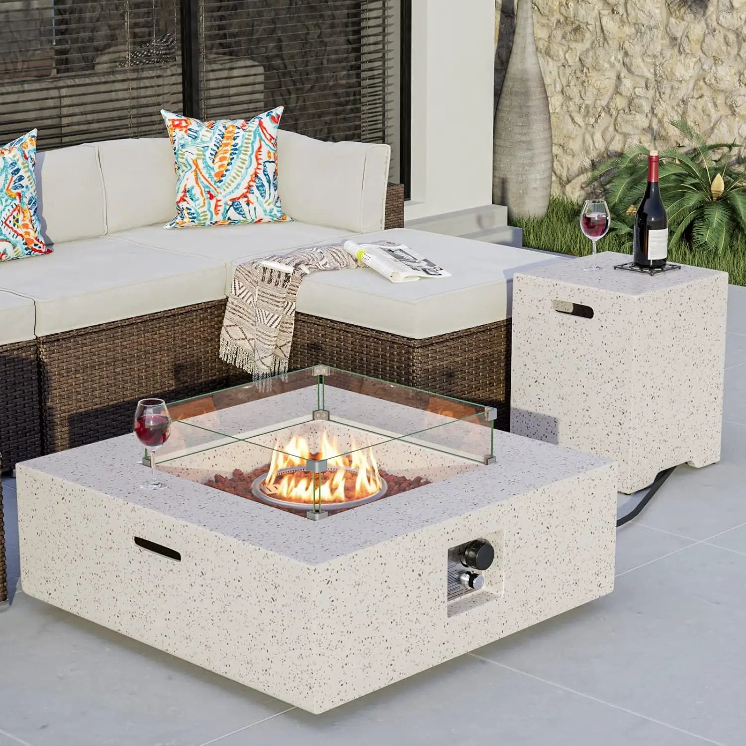 COSIEST 35-inch Square Outdoor Sandstone Propane Fire Pit w Wind Guard and Side Table, CSA Certified, 50,000 BTU Stainless Steel Burner, Free Lava Rocks and Rain Cover, Metal Lid(Beige) by GreenHaven Gardens