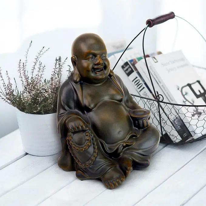 Design Toscano Laughing Asian Man Happy Hotei Garden Statue, Medium, 8 inches wide, 9 inches tall, Cast Stone Resin, Green Bronze Finish by GreenHaven Gardens