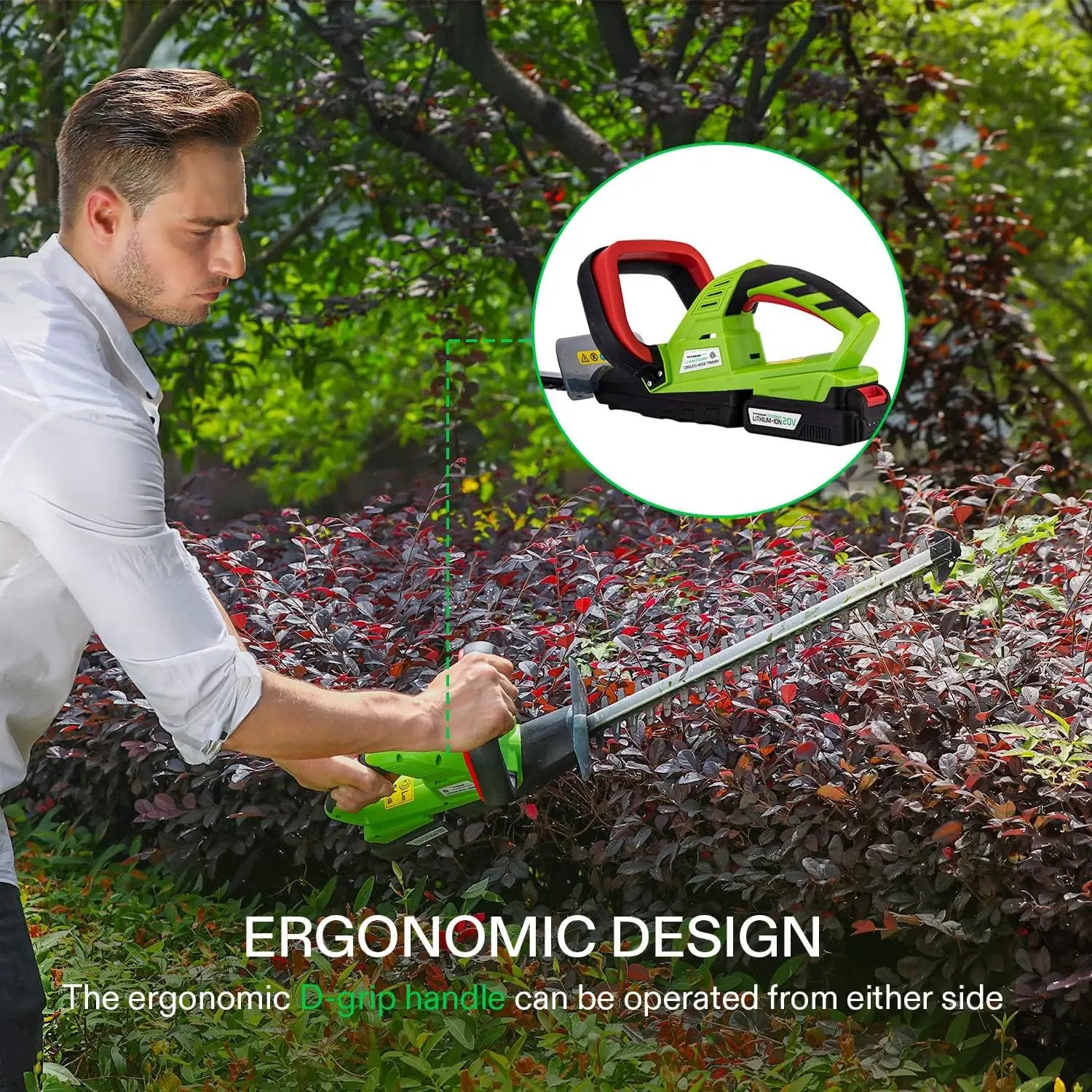 VIVOSUN 20" Cordless Hedge Trimmer, 20V Electric Bush Trimmer, 1400 RPM Shrub Trimmer, Dual-Action Laser Blade, 3/5" Cutting Capacity, Lightweight & Compact Trimmer, Battery and Fast Charger Included by GreenHaven Gardens