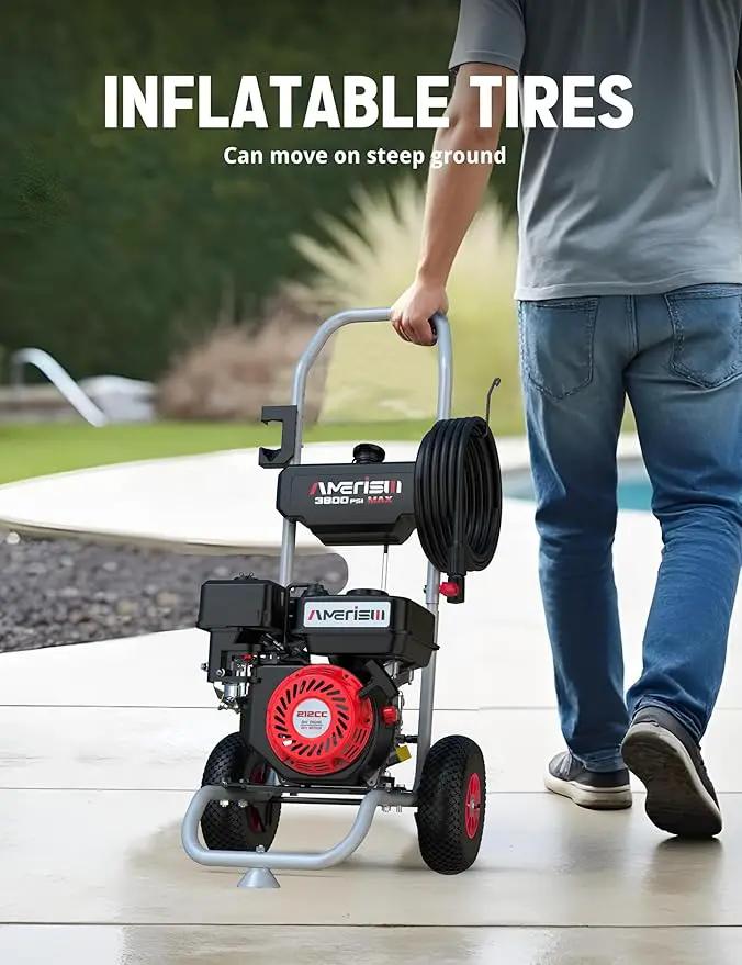 Gas Pressure Washer 3800 PSI and 2.5 GPM, 212CC, with Onboard Soap Tank, 10" Wheel, 5 Nozzle Set, for Cars/Fences/Homes/Patios/Furniture by GreenHaven Gardens