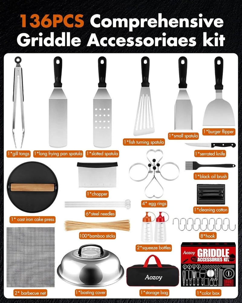 Griddle Accessories Kit - 136PCS Flat Top Grill Accessories for Blackstone and Camp Chef Metal Spatula Tools Set with Burger Press Scraper Tongs Carry Bag for Outdoor Grilling BBQ Cooking by GreenHaven Gardens