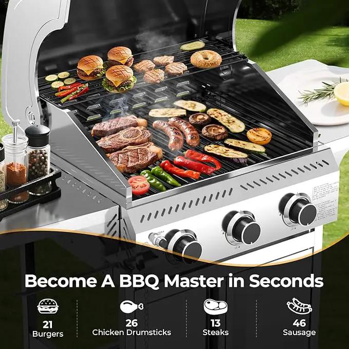 R.W.FLAME Stainless Steel Propane Gas Grill, 3 Burner 24000BTU BBQ Grills, Foldable Side Table, Enamel Wire Grate, Removable Grease Tray, Barbecue Grill for Outdoor Cooking, Backyard, Patio, Deck by GreenHaven Gardens