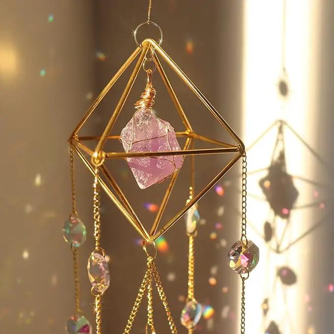 Amethyst Crystal Suncatcher - Hanging Gold Plated Garden Sun Catcher for Windows, Healing Amethyst Crystal Decor for Home, Gift for Christmas Birthday Valentine Mothers Day by GreenHaven Gardens