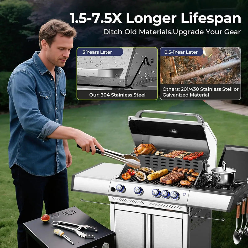 R.W.FLAME 4 Burner Gas Grill, 42,000 BTU Propane Grill, Outdoor Grills with Side Burner, Outdoor Barbecues with Stainless Steel Mesh and Plates, for Camping, Backyard, Patio and Deck by GreenHaven Gardens