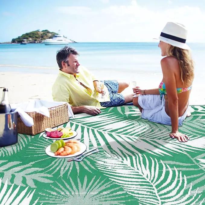 Outdoor Rug 8'x10' Waterproof for Patios Clearance, Reversible Outdoor Plastic Straw Rug Camping Carpet, Outside Floor Mats Large Area Rugs for RV,Patio,Deck,Porch, Beach,Balcony,Green&White by GreenHaven Gardens
