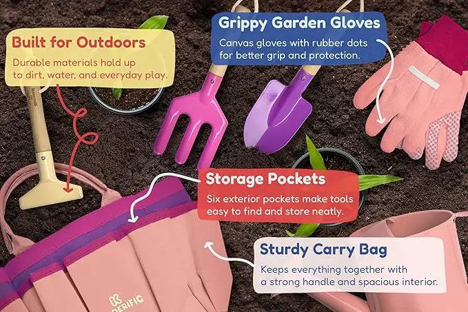 Gardening Set, Tool Kit, for Kids, STEM, Includes Tote Bag, Spade, Watering Can, Rake, Fork, Trowel and Gloves (Princess Pink) by GreenHaven Gardens