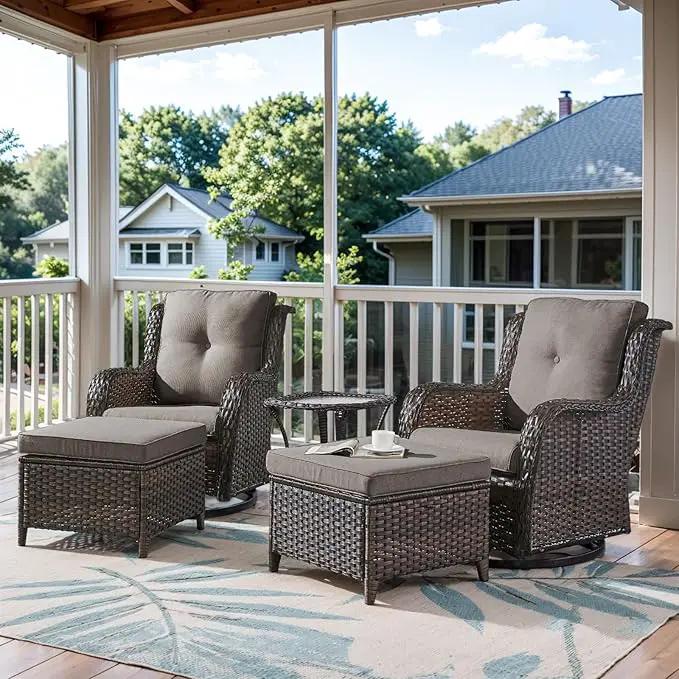 5 Pieces Patio Furniture Sets Wicker Outdoor Furniture, Rattan Patio Swivel Glider Chairs with 2 Ottoman and Glass Side Table by GreenHaven Gardens