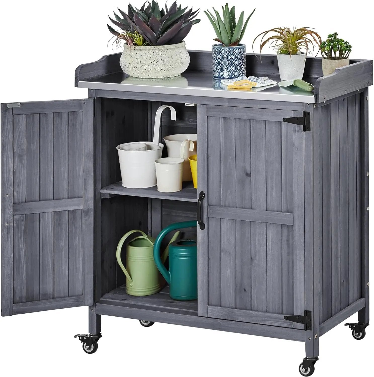 Yaheetech Garden Potting Bench Table, Outdoor Garden Horticultural Wooden Storage Cabinet & Solid Wood Planting Work Bench with Large Space Storage & Metal-Plated Tabletop, Gray by GreenHaven Gardens