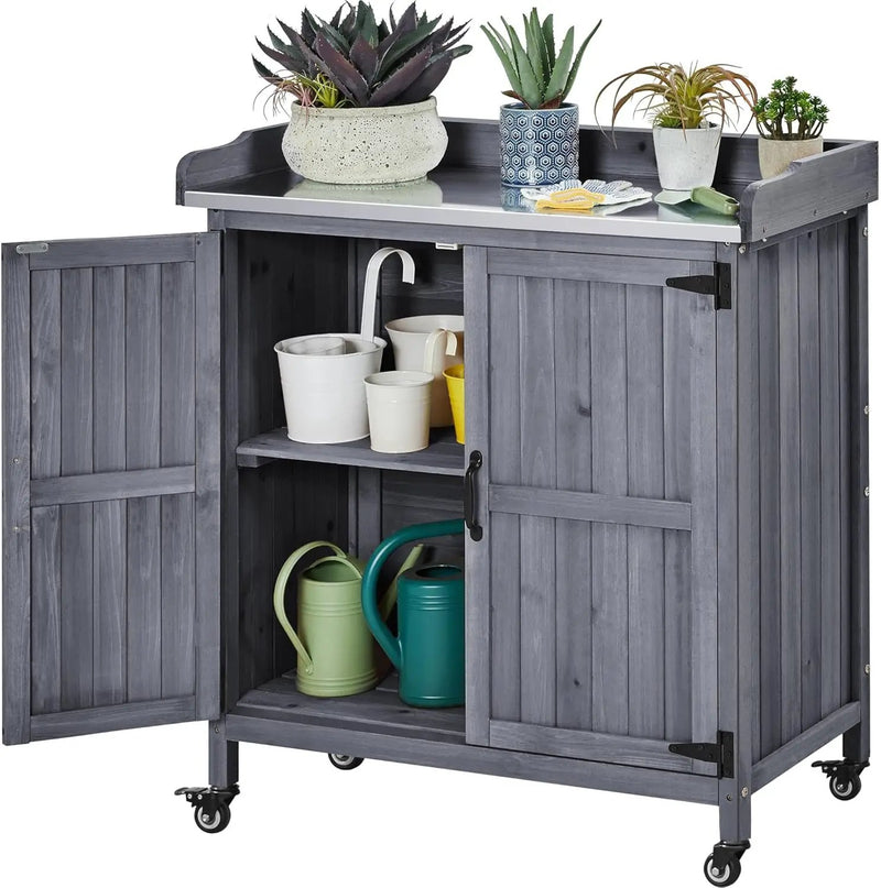 Yaheetech Garden Potting Bench Table, Outdoor Garden Horticultural Wooden Storage Cabinet & Solid Wood Planting Work Bench with Large Space Storage & Metal-Plated Tabletop, Gray by GreenHaven Gardens