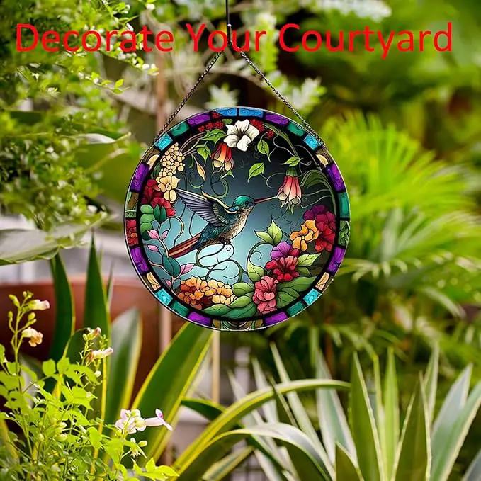 Hummingbirds and Flowers Pattern Suncatcher Stained Glass,Hanging Stained Glass for Windows,20cm/7.87inch Hand-Painted Sun Catcher Garden Hangings Painted Glass Panel Decor Themed Gift by GreenHaven Gardens