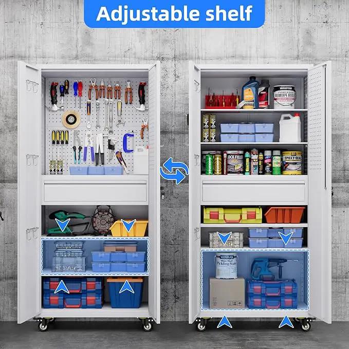 Metal Garage Cabinet with Wheels,71''H Rolling Lockable Steel Tool Cabinet with Pegboard & Drawer for Garage,Home,Office Assembly Required,White