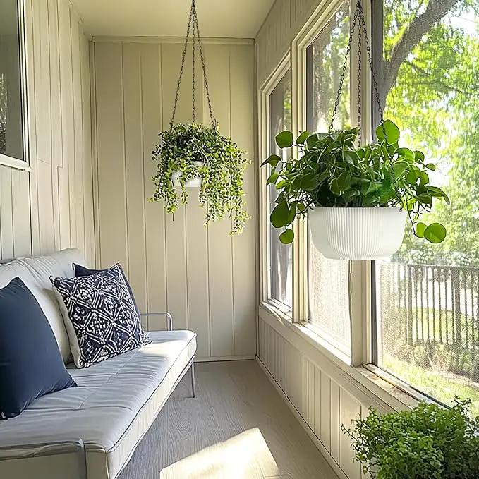 T4U 10 Inch Hanging Planters for Indoor Outdoor Plants, 2 Pack White Self Watering Hanging Plant Pot, Hanging Pots Set with Drainage Hole & Plug & Chain with 3 Hooks for Garden Home Decor by GreenHaven Gardens