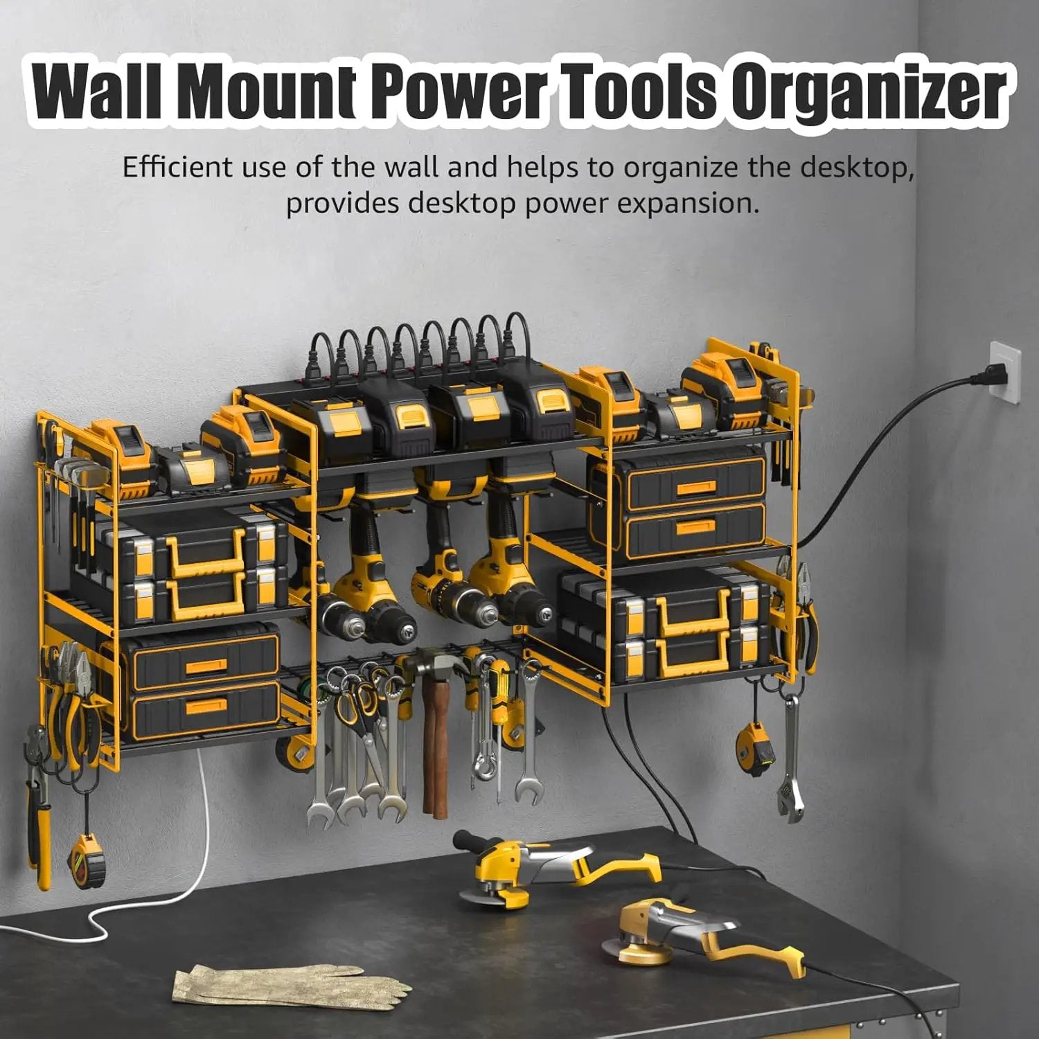 CCCEI Yellow Power Tool Organizer Wall Mount, Large Tools and Battery Storage Rack Charging Station Individual Switches. Drills Holder, Garage Utility Shelves with 6FT Power Strip. Gift for Men. by GreenHaven Gardens