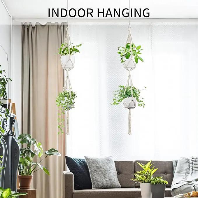 2 Pack Macrame Plant Hanger, 49 Inch, Fits 4-8 Inch Pots, 2 Tier Indoor Outdoor Hanging Planter Basket Flower Pot Holder, Boho Home Decor, Ivory (POTS NOT Included) by GreenHaven Gardens