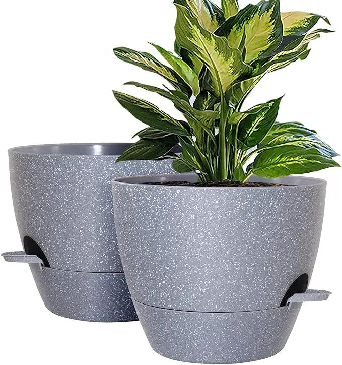 WOUSIWER 10 inch Self Watering Planters, 2 Pack Large Plastic Plant Pots with Deep Reservior and High Drainage Holes for Indoor Outdoor Plants and Flowers, Speckled Grey by GreenHaven Gardens