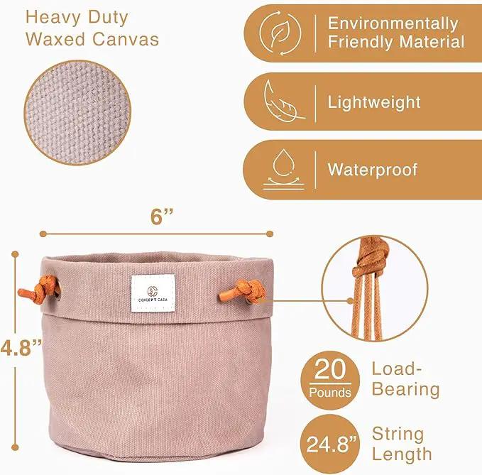 Large Waxed Canvas Handmade Hanging Planter for Indoor/Outdoor Plants, Hanging Basket Plant Holder Stone Gray by GreenHaven Gardens