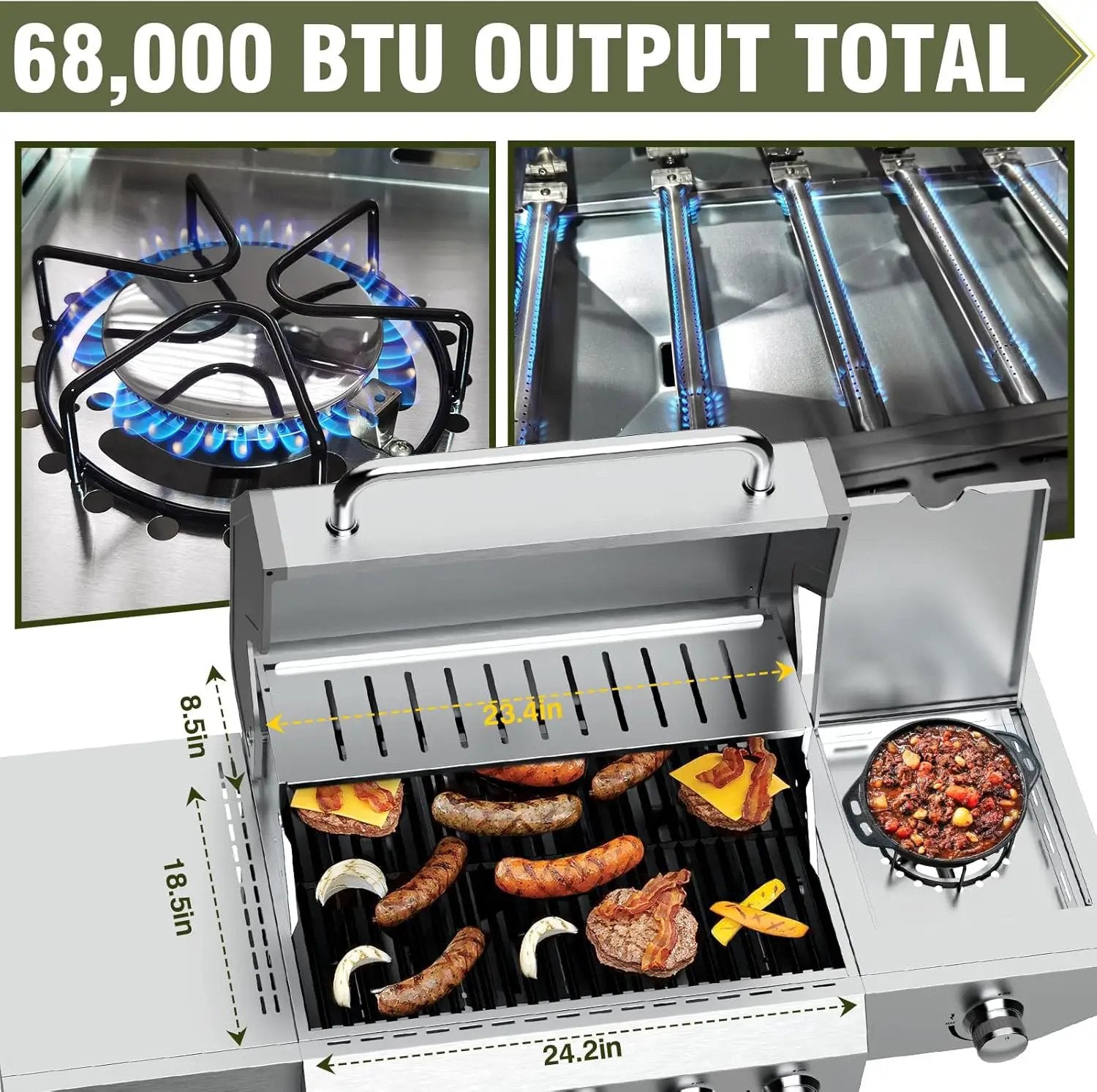 BESTFIRE 68,000 BTU 5+1 Burner Propane Grill - Stainless Steel BBQ with 647 sq in UPGRADED OIL-DRAIN Plates, Cast Iron Grates, Side Burner + FREE Food Clip for Outdoor Cooking by GreenHaven Gardens