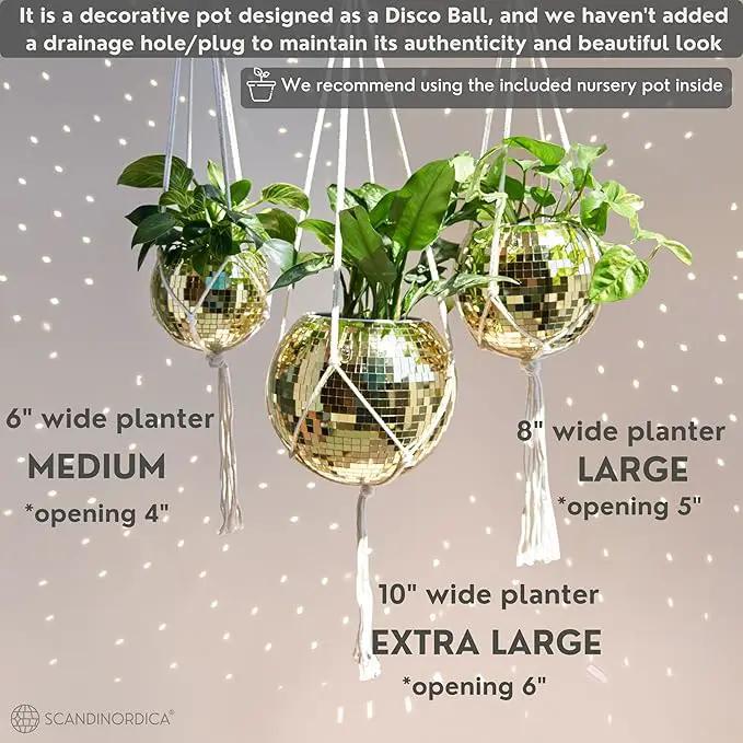 SCANDINORDICA Disco Ball Planter – Value Package: Mirror Disco Planter with Chain, Macrame Hanger and Acrylic Stand for Desk, Includes Self Watering Insert, Retro Decor | 6 inch Gold by GreenHaven Gardens