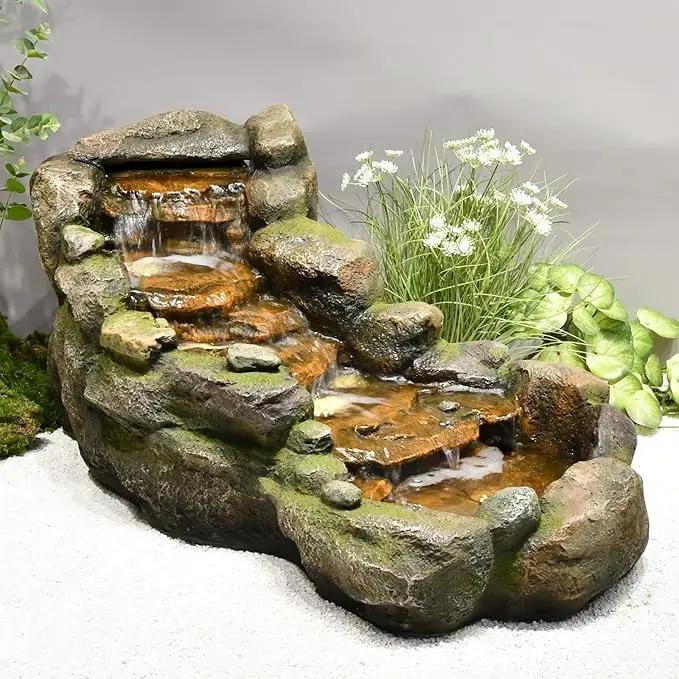 Garden Outdoor Water Fountain, 42.1" L Floor Standing Tiered Rock Outdoor Fountains with LED Lights and Pump for Garden, Backyard, Deck, Patio, Porch and Home Art Decor by GreenHaven Gardens