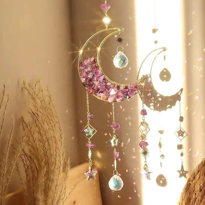 Amethyst Crystals Suncatcher - Hanging Moon Sun Catcher with Glass Prisms for Windows, Healing Amethyst Crystal Decor for Home, Gift for Christmas Birthday Valentine Mothers Day by GreenHaven Gardens
