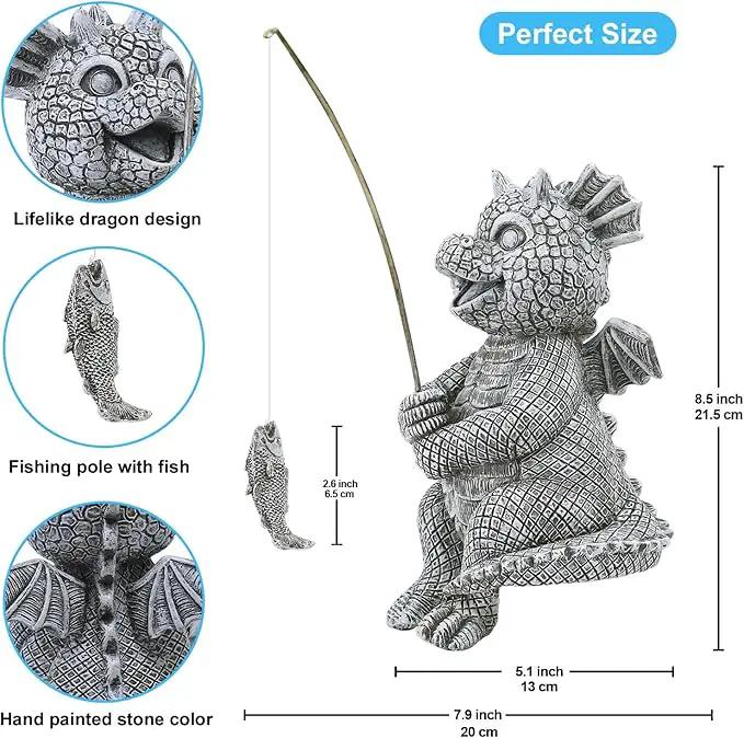 Goodeco Dragon Statue Garden Decor - Adorable Baby Fishing Dragon Figurines Outdoor Statues for Koi Pond/Fairy Garden Accessories,Gardening Gifts for Women 5.1 * 8.5 in by GreenHaven Gardens