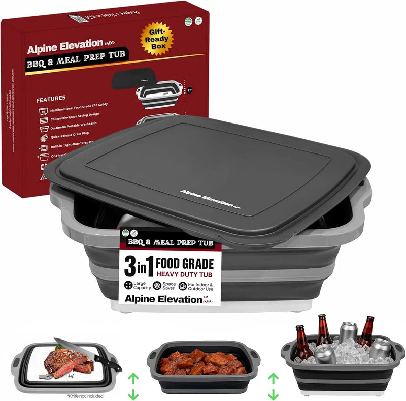 Collapsible Large (8L) BBQ Marinating Tub w/Cutting Board | Multipurpose Food-Grade TPE Prep Tub w/Lid | Built-in Colander & Drain Plug - for Camping | Tailgate | Picnic - Slate Black by GreenHaven Gardens