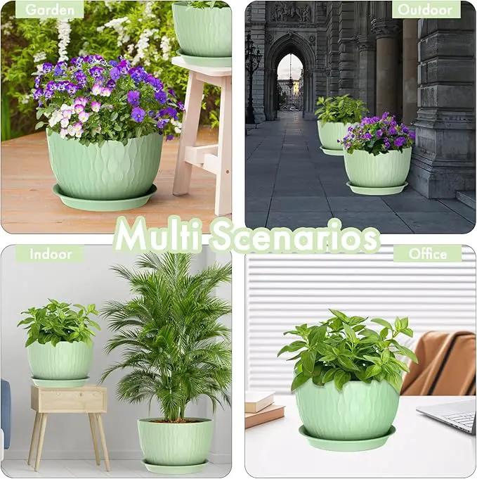 12 Inch Large Plant Pots for Indoor or Outdoor Plants, Wide Water Ripples Flower Pots with Drainage Holes & Saucer, Plastic Planters Set for Garden & Home Decor (Green) by GreenHaven Gardens