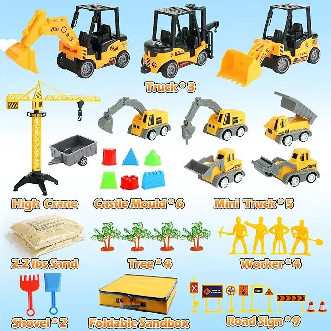 Sand Construction Site Kit - 37 Pcs Play Sand Art Kit with 8 Construction Trucks, Folding Sandbox, 2.2 lbs Magic Sand, Crane, Worker, Road Signs, Molds, Shovel - Ideal Toys for Boys Girls Age 3+ by GreenHaven Gardens
