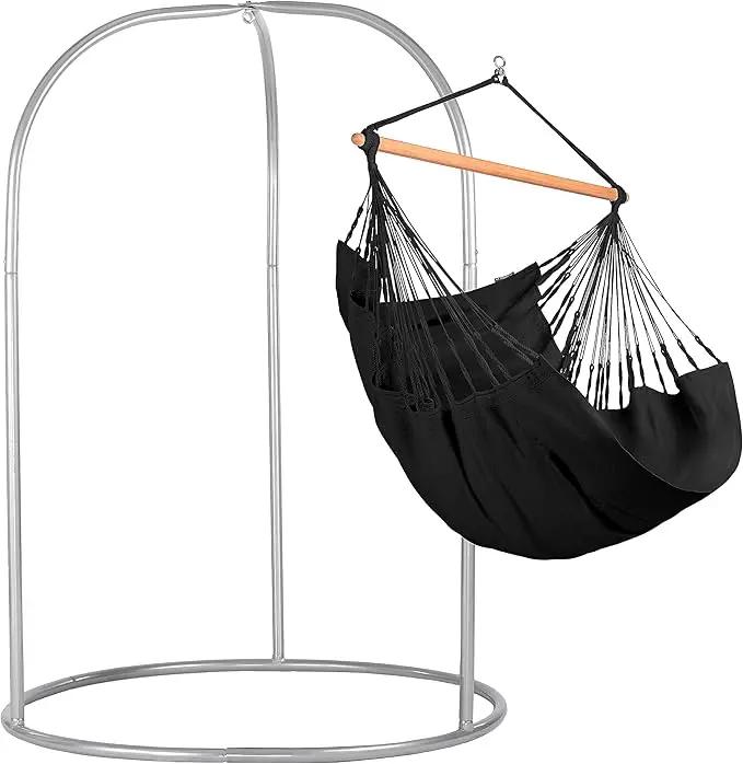 LA SIESTA® - Large Comfort Habana Cotton Hammock Chair & Romano Steel Stand - Indoor/Outdoor Hanging Chair Swing for Bedroom Porch Balcony - Boho Swing - Onyx by GreenHaven Gardens