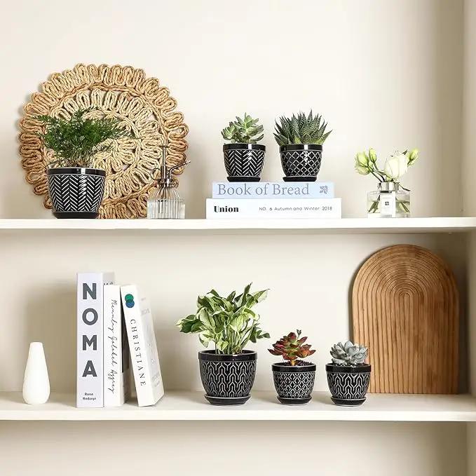Sureasy Succulent Pots, 3.5 Inch Flower Pots for Indoor Plants, Small Plant Pots with Saucer & Drainage, Decorative Ceramic Planters for Succulent, Cactus, Set of 4, Black by GreenHaven Gardens