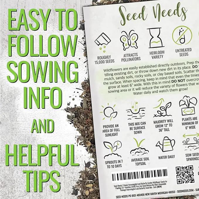 Seed Needs Wildflower Seeds Hummingbird and Butterfly Seed Mix | 2 Packs (1 Ounce Each) No Filler 23 Varieties Garden Seeds Annual & Perennial Species | Pollinator Attracting Flower Seed | Bulk by GreenHaven Gardens