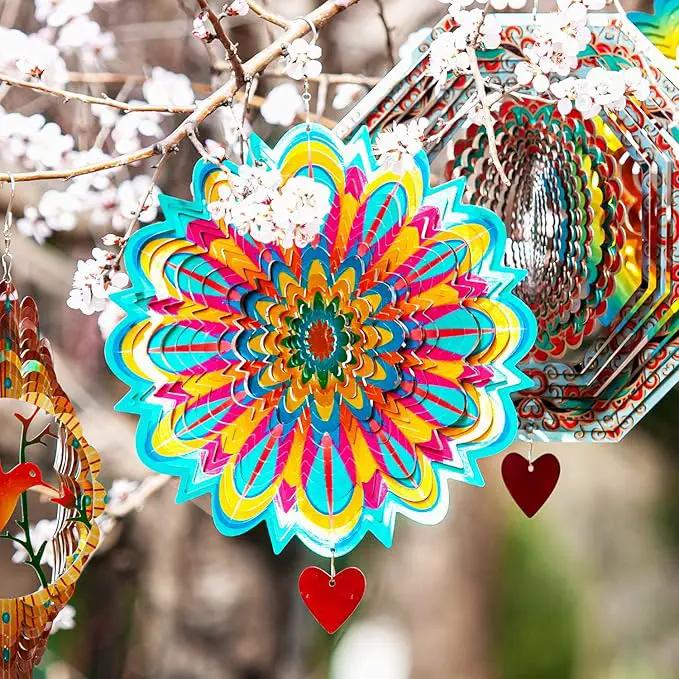 SteadyDoggie Wind Spinner Mandala Flame 12 inches - 3D Stainless Steel - Laser Cut Metal Art Geometric Pattern - Yard Spinners Outdoor - Hanging Wind Spinner, Kinetic Yard Art Decorations by GreenHaven Gardens