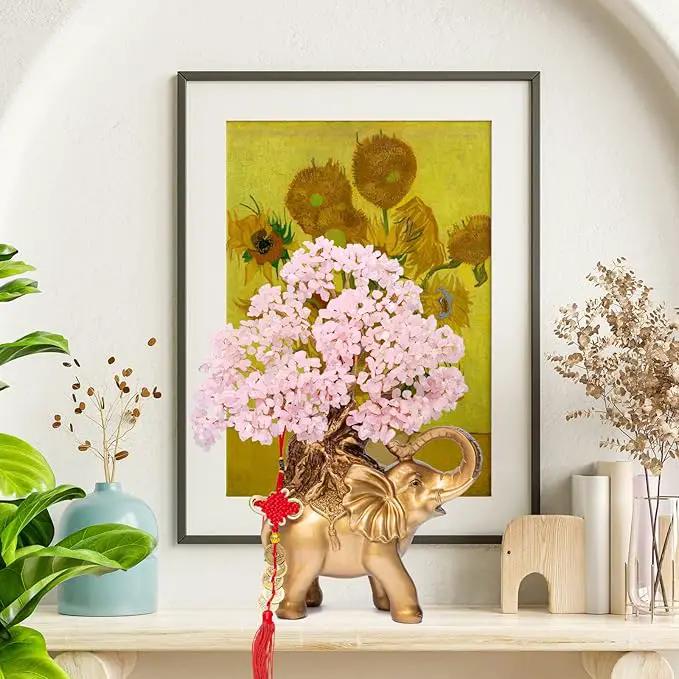 Rose Quartz Crystal Money Tree on Gold Elephant Statue, 17”Large Gemstone Bonsai Tree of Life Home Décor Gifts for Wealth Positive Energy, Feng Shui Décor by GreenHaven Gardens