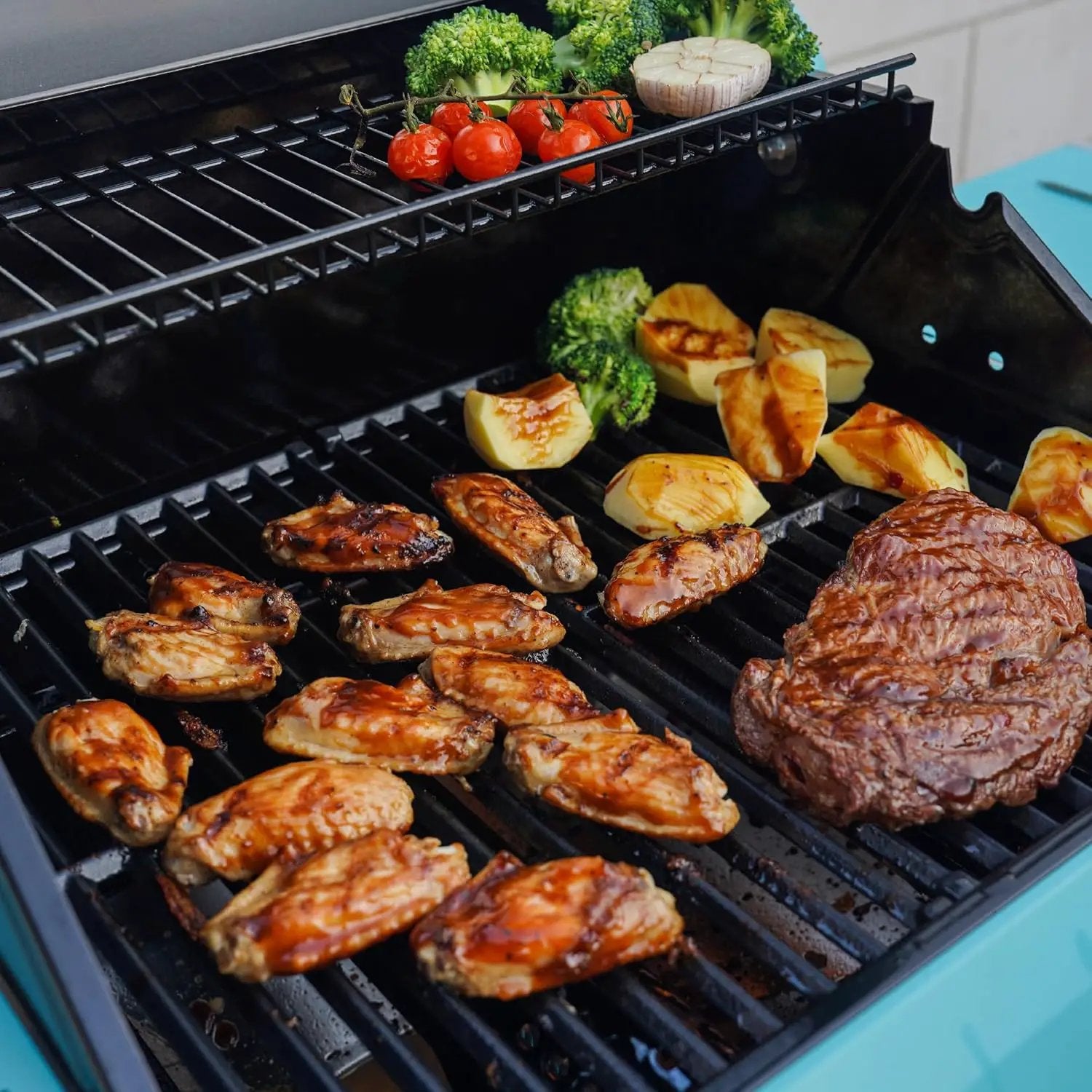 Monument Grills 2-Burner Stainless Steel Liquid Propane Gas Patio Garden Barbecue Grill with Clearview® Lid, Knob Control and Two Foldable Shelves Mesa200G with BBQ Cover, Green by GreenHaven Gardens