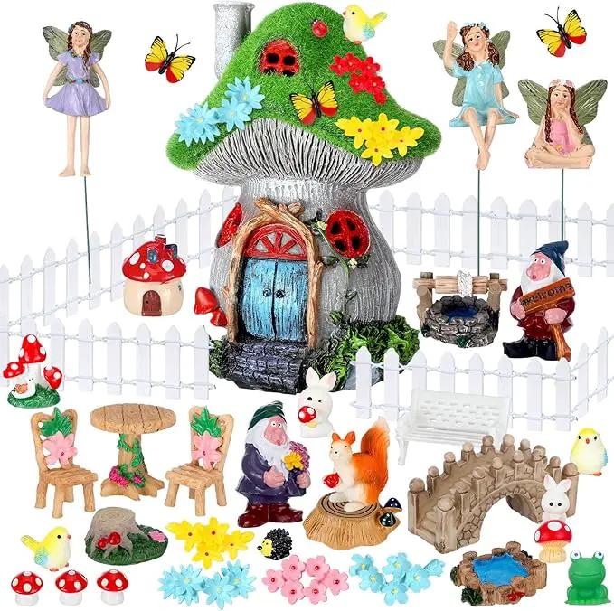 Suzile 50 Pcs Solar Fairy House Garden Accessories Light up Flocked Fairy House Garden Kit Green Resin Miniature Mushroom Figures Micro Landscape Ornament(Mushroom House) by GreenHaven Gardens