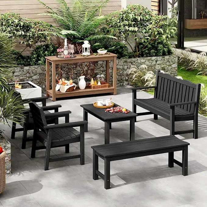 Outdoor Console Table, 48" Weather Resistant HIPS Patio Side Table, 440LBS Weight Capacity, 2-Tier Multifunctional Buffet Bar Storage Organizer for Garden Deck, Teak by GreenHaven Gardens