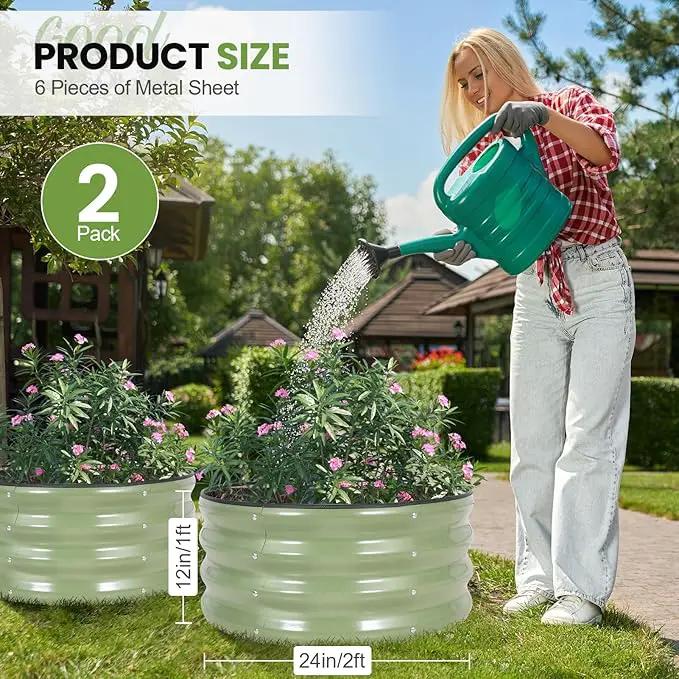 G GOOD GAIN Round Raised Garden Bed - 2Pcs 2x2x1ft Galvanized Steel Planter Boxes Outdoor with Rubber Edge Trim | Metal Raised Beds for Gardening Vegetables Flowers Fruits Herbs (Olive Green) by GreenHaven Gardens