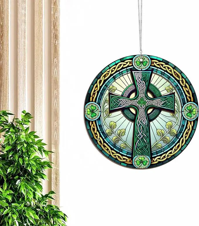 Irish Gifts, St Patricks Day Decor - Birthday, Christmas, Good Luck Irish Gifts for Men Women, Shamrock Decorations, Celtic Cross Home Decor - Window Suncatcher Hanging Decorations 6 in by GreenHaven Gardens